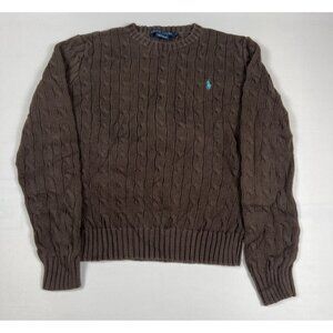 VTG Polo Ralph Lauren Women S Brown Cotton Cable Knit Sweater Crewneck Blue Pony